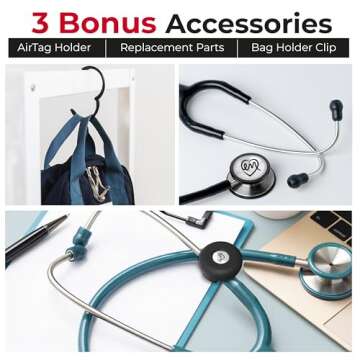 MotivatEM Stethoscope Holder Kit – Hip Clip with Rotating Clip for Neck Pain Relief + 3 BONUSES: Stethoscope AirTag Holder, Stethoscope Replacement Covers/Ear Pieces (Classic III & IV), and Bag Hanger