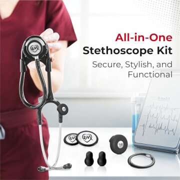 MotivatEM Stethoscope Holder Kit – Hip Clip with Rotating Clip for Neck Pain Relief + 3 BONUSES: Stethoscope AirTag Holder, Stethoscope Replacement Covers/Ear Pieces (Classic III & IV), and Bag Hanger