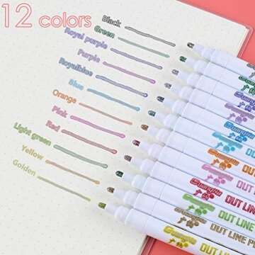 TEOYALL Double Line Outline Pens 12 Color Self-Outline Markers Metallic Permanent Markers Gift Cards Drawing Writing Journal Pens