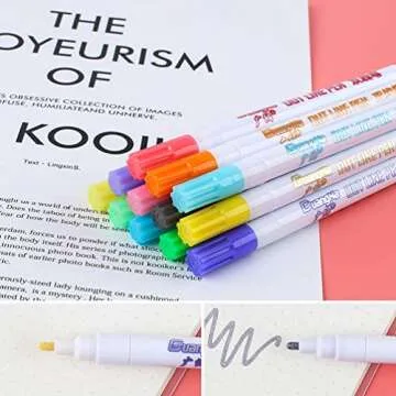 TEOYALL Double Line Outline Pens 12 Color Self-Outline Markers Metallic Permanent Markers Gift Cards Drawing Writing Journal Pens