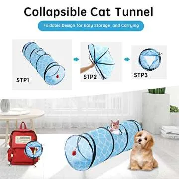 Figopage Straight Cat Tunnels Tube, Cat Toys for Indoor Cats, Cat Tunnel Bed Pop-up Collapsible Pet Tube Interactive Play Toy with Ball, Great Toy for Cats & Rabbits, Sky Blue 36" x 11"