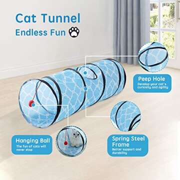 Figopage Straight Cat Tunnels Tube, Cat Toys for Indoor Cats, Cat Tunnel Bed Pop-up Collapsible Pet Tube Interactive Play Toy with Ball, Great Toy for Cats & Rabbits, Sky Blue 36" x 11"