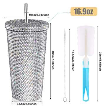 Mimorou Studded Bling Diamond Tumbler Glitter Water Bottle with Lid Stainless Steel Vacuum Thermal Straw Rhinestone Tumbler with 1 Pcs Cup Brush 6 Pcs Straw Brushes for Women(16.9 oz,White)