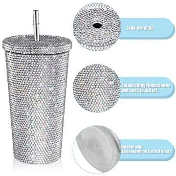 Mimorou Studded Bling Diamond Tumbler Glitter Water Bottle with Lid Stainless Steel Vacuum Thermal Straw Rhinestone Tumbler with 1 Pcs Cup Brush 6 Pcs Straw Brushes for Women(16.9 oz,White)