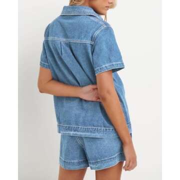 Kedera Summer Denim Set for Women 2 piece Casual Short Sleeve Boxy Shirt Tops and Shorts Pants Lounge Sets Outfits