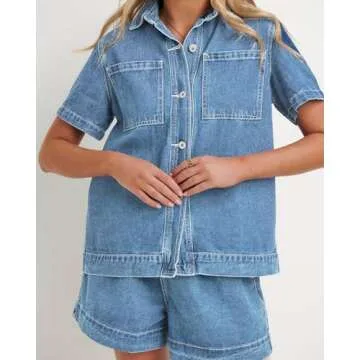 Kedera Summer Denim Set for Women 2 piece Casual Short Sleeve Boxy Shirt Tops and Shorts Pants Lounge Sets Outfits