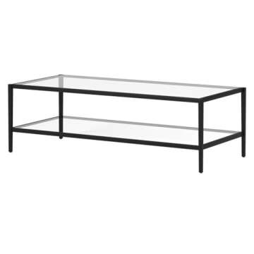 Henn&Hart 54" Wide Rectangular Coffee Table with Glass Shelf in Blackened Bronze, Modern coffee tables for living room, studio apartment essentials