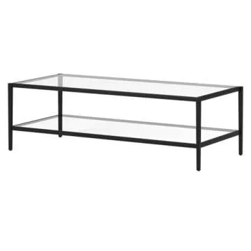 Henn&Hart 54" Wide Rectangular Coffee Table with Glass Shelf in Blackened Bronze, Modern coffee tables for living room, studio apartment essentials