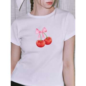 Short Sleeve Y2K Graphic T-Shirt for Women Teens - Cute Bow Print Crop Top 2024