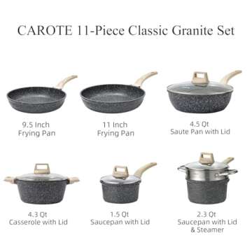 CAROTE Kitchen Cookware Sets, Nonstick Pots and Pans Set 11 Pcs Nonstick Pot, Cookware, Frying Pans (Granite, induction cookware)