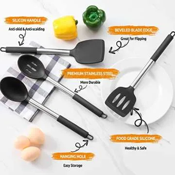 E-far Cooking Utensils Set of 4, Silicone Kitchen Utensils for Non-stick Cookware, Heat Resistant & Non-toxic Slotted Spatula Solid Spoon Turner for Flipping Mixing Serving Basting(Black)