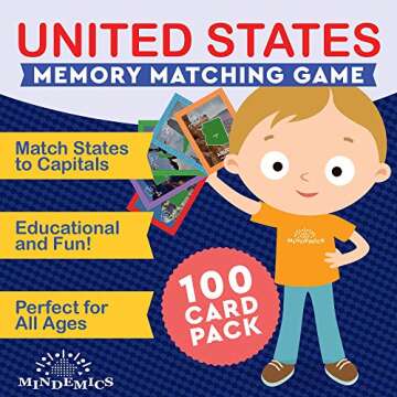 MINDEMICS US State Capitals Match It Game –United States and Capital Cities Flash Cards - Landmark Photos, State Slogans and Image - Educational Geography Memory Toy for Kids - 100 Pack