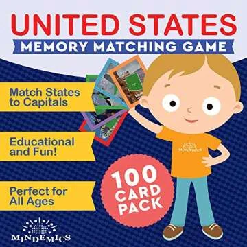 MINDEMICS US State Capitals Match It Game –United States and Capital Cities Flash Cards - Landmark Photos, State Slogans and Image - Educational Geography Memory Toy for Kids - 100 Pack