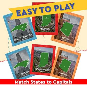 MINDEMICS US State Capitals Match It Game –United States and Capital Cities Flash Cards - Landmark Photos, State Slogans and Image - Educational Geography Memory Toy for Kids - 100 Pack