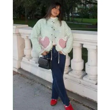 Wyeysyt Women's Cropped Puffer Jacket Winter Gingham Snap Plaid Short Padded Coats with Pockets(Green-S)