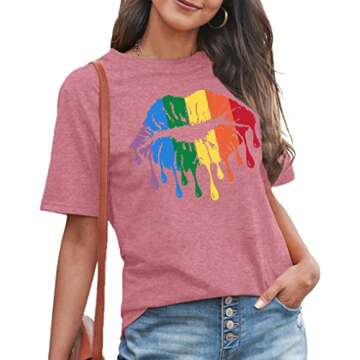 MAIHUN LGBT Pride Shirt for Women Rainbow Lips Tshirts Gay Pride Short Sleeve Casual Tee Tops