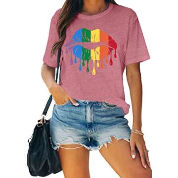 MAIHUN LGBT Pride Shirt Rainbow Lips Casual Tee for Women