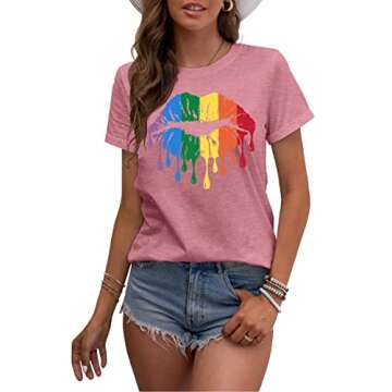 MAIHUN LGBT Pride Shirt Rainbow Lips Casual Tee for Women