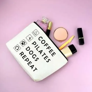 Mxrymvu Coffee Lover Gifts Makeup Bag Pilates Lover Gift Travel Bag Pilates Gifts for Women Birthday Zipper Pouch Funny Dog Lover Gifts New Pet Owner Gifts Coffee Pilates Dogs Repeat Cosmetic Bag