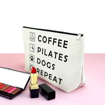 Mxrymvu Coffee Lover Gifts Makeup Bag Pilates Lover Gift Travel Bag Pilates Gifts for Women Birthday Zipper Pouch Funny Dog Lover Gifts New Pet Owner Gifts Coffee Pilates Dogs Repeat Cosmetic Bag