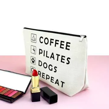 Mxrymvu Coffee Lover Gifts Makeup Bag Pilates Lover Gift Travel Bag Pilates Gifts for Women Birthday Zipper Pouch Funny Dog Lover Gifts New Pet Owner Gifts Coffee Pilates Dogs Repeat Cosmetic Bag