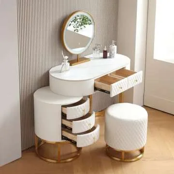FUKAYI Faux Leather Makeup Vanity Desk Set with LED Lighted Mirror Luxury Dressing Makeup Table with Storage Drawers & Vanity Stool, White