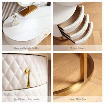 FUKAYI Faux Leather Makeup Vanity Desk Set with LED Lighted Mirror Luxury Dressing Makeup Table with Storage Drawers & Vanity Stool, White