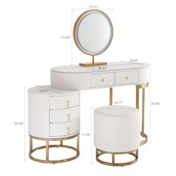FUKAYI Faux Leather Makeup Vanity Desk Set with LED Lighted Mirror Luxury Dressing Makeup Table with Storage Drawers & Vanity Stool, White