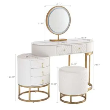 FUKAYI Faux Leather Makeup Vanity Desk Set with LED Lighted Mirror Luxury Dressing Makeup Table with Storage Drawers & Vanity Stool, White