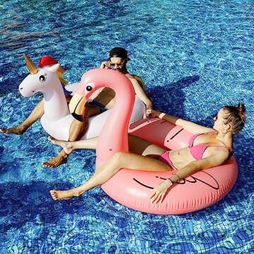 PARENTSWELL 2 Pack Flamingo Unicorn Pool Floats - 43" Giant Inflatable Flamingo Swimming Pool Ring Float, Inflatable Ride On Lake Swim Pool Floaties Toys for Adults