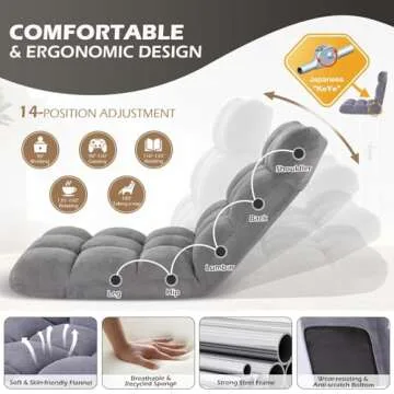 Avocahom Folding Floor Gaming Chair 14-Poistion Cushioned Adjustable Floor Lazy Sofa Chair w/Breathable Cotton & Skin-Friendly Coral Velve for Adults & Kids Perfect for Reading Gaming Meditating, Grey