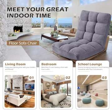 Avocahom Folding Floor Gaming Chair 14-Poistion Cushioned Adjustable Floor Lazy Sofa Chair w/Breathable Cotton & Skin-Friendly Coral Velve for Adults & Kids Perfect for Reading Gaming Meditating, Grey