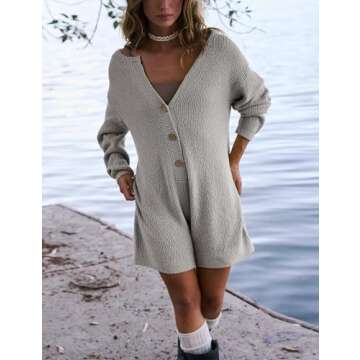 Yeokou Womens Knit Sweater Rompers Casual Long Sleeve Crewneck Button Down Maternity Shorts Jumpsuits(Grey-S)