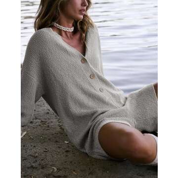 Yeokou Womens Knit Sweater Rompers Casual Long Sleeve Crewneck Button Down Maternity Shorts Jumpsuits(Grey-S)