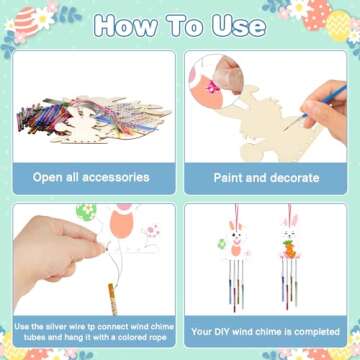 Fennoral 12 Pack Bunny Wind Chime Kit for Kids Make You Own Easter Rabbit Wind Chimes DIY Coloring Wooden Easter Craft for Girls Boys for Easter Hanging Ornaments Easter Party Decoration