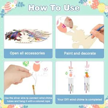 Fennoral 12 Pack Bunny Wind Chime Kit for Kids Make You Own Easter Rabbit Wind Chimes DIY Coloring Wooden Easter Craft for Girls Boys for Easter Hanging Ornaments Easter Party Decoration
