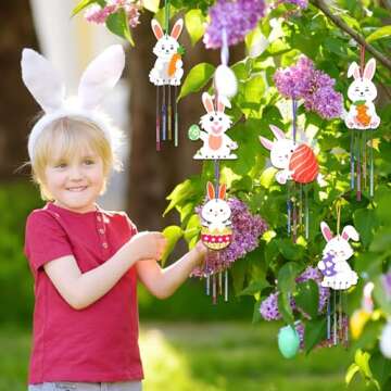 Fennoral 12 Pack Bunny Wind Chime Kit for Kids Make You Own Easter Rabbit Wind Chimes DIY Coloring Wooden Easter Craft for Girls Boys for Easter Hanging Ornaments Easter Party Decoration