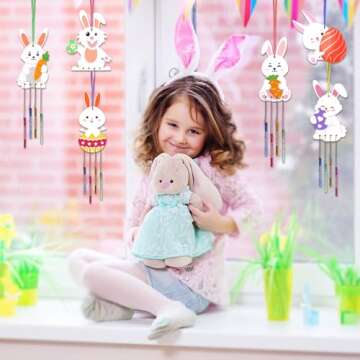 Fennoral 12 Pack Bunny Wind Chime Kit for Kids Make You Own Easter Rabbit Wind Chimes DIY Coloring Wooden Easter Craft for Girls Boys for Easter Hanging Ornaments Easter Party Decoration