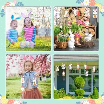 Fennoral 12 Pack Bunny Wind Chime Kit for Kids Make You Own Easter Rabbit Wind Chimes DIY Coloring Wooden Easter Craft for Girls Boys for Easter Hanging Ornaments Easter Party Decoration