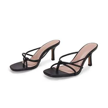 LAICIGO Women's Square Open Toe Flip Flops Stiletto Heels Strappy Thong Slide on Slingback Mules Sandals