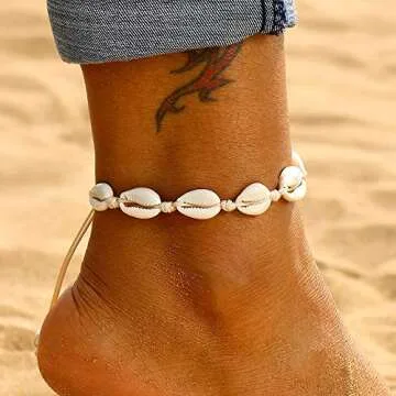 Fesciory Puka Shell Anklet for Women Summer Natural Cowrie Adjustable Ankle Bracelet, Handmade Boho Hawaiian Beach Seashell Jewelry (Shell Anklet Beige Rope)