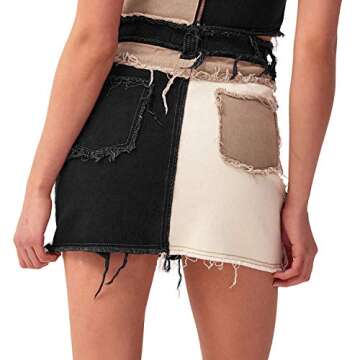 Tulucky Womens Fashion Mid-Rise Color Blocking Patchwork Ripped Stretch Denim Skirts(Black,L)