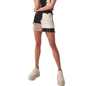 Tulucky Womens Fashion Mid-Rise Color Blocking Patchwork Ripped Stretch Denim Skirts(Black,L)