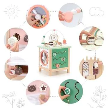 PairPear Wooden Activity Cube Montessori Toys Wooden Play Cube Activity Center Baby Busy Board Multi...