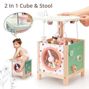 PairPear Wooden Activity Cube Montessori Toys Wooden Play Cube Activity Center Baby Busy Board Multifunctional Early Educational Development Toys Sensory Gifts for Toddlers Girls Boys 1 2 3 Year Old