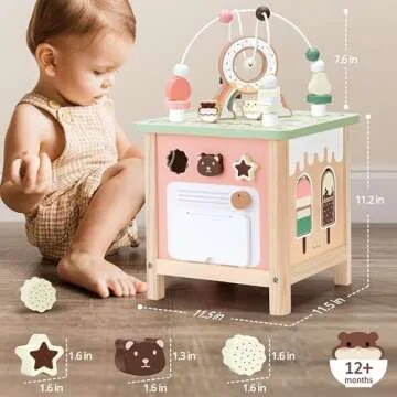 PairPear Wooden Activity Cube Montessori Toys Wooden Play Cube Activity Center Baby Busy Board Multifunctional Early Educational Development Toys Sensory Gifts for Toddlers Girls Boys 1 2 3 Year Old