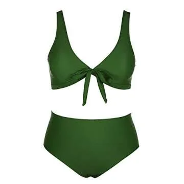stripsky Strap Tie Knot Front Bikini,High Waisted 2 Piece Swimwear for Plus Women Green