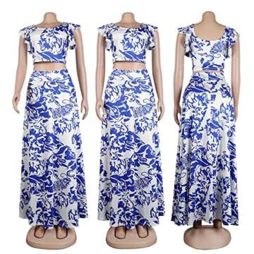 Vakkest Women's Sexy 2 Piece Outfits Clubwear Summer Dress Floral Short Sleeve Cami Tops and Long Skirt Set
