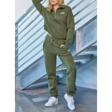 Herseas 2 Piece Lounge Set Outfits for Women Half Zip Collared Long Sleeve Sweatsuits with Jogger Sweatpants 2024 Loungewear Set Green Small 4 6
