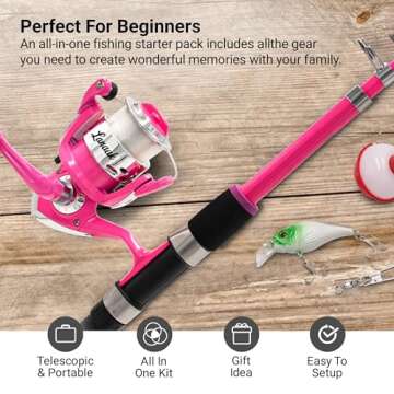 Lanaak Kids Fishing Pole and Tackle Box - with Net, Travel Bag, Reel and Beginner’s Guide - Rod and Reel Kit for Boys, Girls, or Youth (Pink - Open Reel)